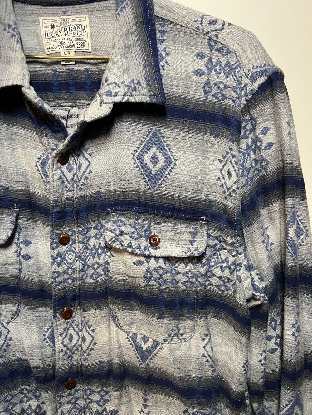 Lucky Brand Blue and Gray Aztec Button-Up Shirt